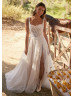 Ivory 3D Floral Lace Tulle Slit Glitter Wedding Dress